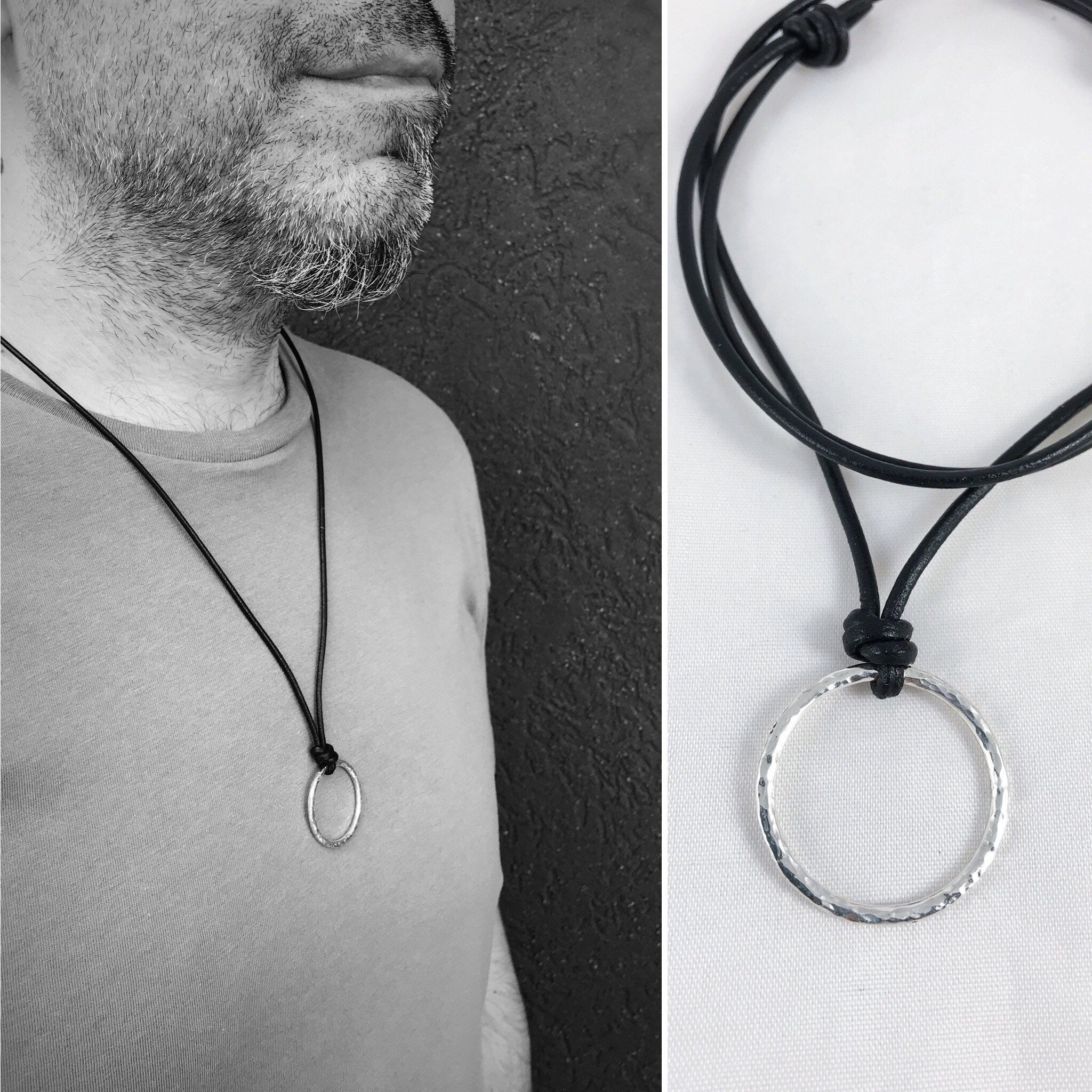 Men's Circle Necklace / Solid Sterling Silver / Rustic Hammer Forged Circle  / Adjustable Leather Cord
